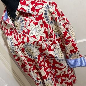 No Iron! Chaps Red and Cream Patterned Button Up Shirt Plus 1X